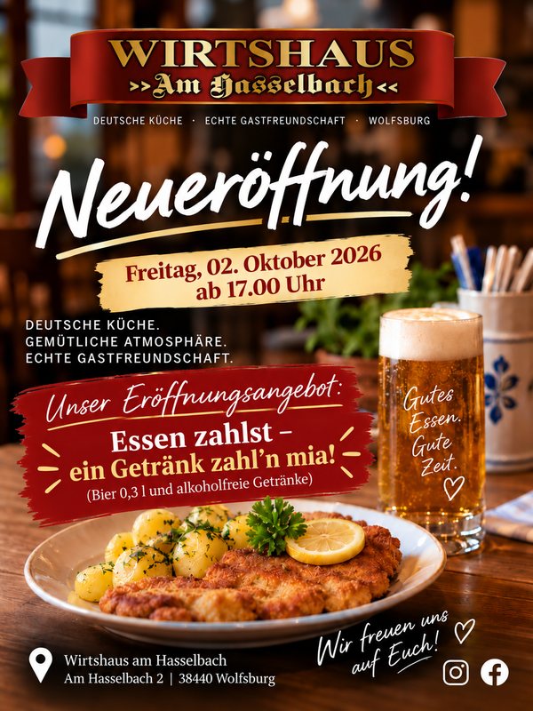 Neueröffnung am Freitag, 02. Oktober 2026 ab 17.00 Uhr. Unser Eröffnungsangebot: Essen zahlst – ein Getränk zahl’n mia! (Bier 0,3 l und alkoholfreie Getränke). Wirtshaus am Hasselbach, Am Hasselbach 2, 38440 Wolfsburg.